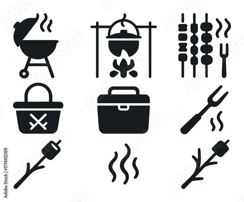 Camping and bbq silhouette icon set. featuring grill, campfire, kebab, picnic basket, marshmallow, and cooler symbols
