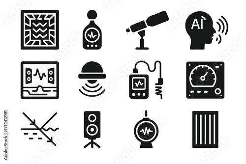 Vector wave testing icons acoustic rig soundproof vibration icon sensor speaker engineering