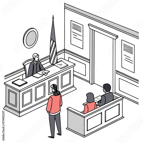 Illustration of a courtroom scene with a judge presiding over a case with defendants and an american flag present representing legal proceedings and justice