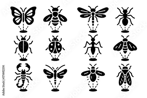 Icons firefly bee beetle icon holographic cicada ant ladybug grasshopper vector insect