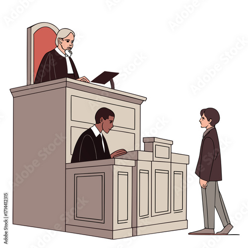 A courtroom scene with a judge presiding from a raised bench a clerk seated below and a defendant standing before them illustrating legal proceedings and justice
