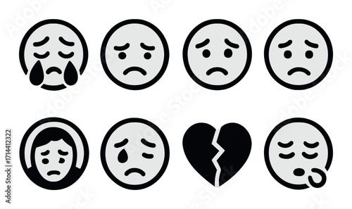 Emotion silhouette icon set. featuring crying, sad, disappointed, heartbroken, tired, and broken heart motifs