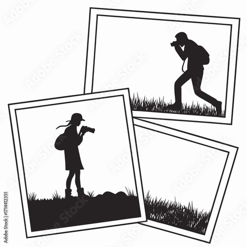 Silhouette of photographers capturing moments in nature, framed in vintage photo style, with an empty frame suggesting more stories