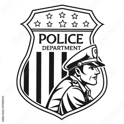 Black and white illustration of a police department emblem featuring a profile of a police officer in uniform and a shield with stars and stripes
