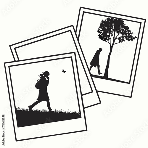 Silhouette of a girl with a bag walking in nature, captured in a vintage photo frame, alongside another frame showing a person walking near a tree