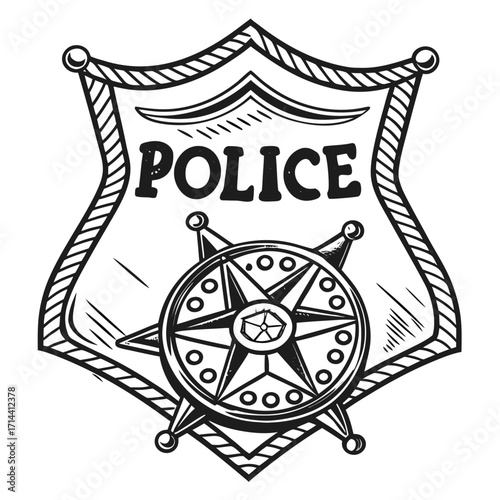 Vintage hand drawn sketch of a police badge emblem with the word police and a star emblem symbolizing law enforcement and justice