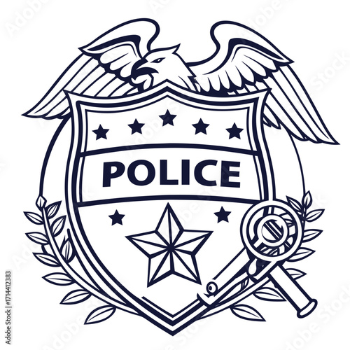 Stylized outline of a police badge featuring an eagle stars a large central star a laurel wreath and a magnifying glass symbolizing law enforcement and justice