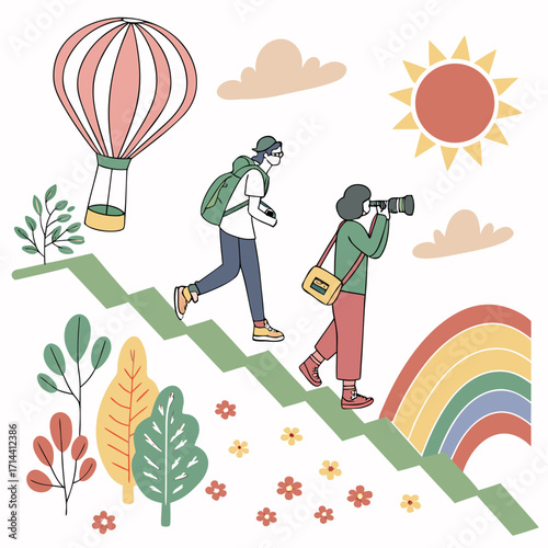 Two tourists with backpacks and cameras are walking up a green staircase with flowers, trees, a rainbow, a hot air balloon, clouds, and the sun