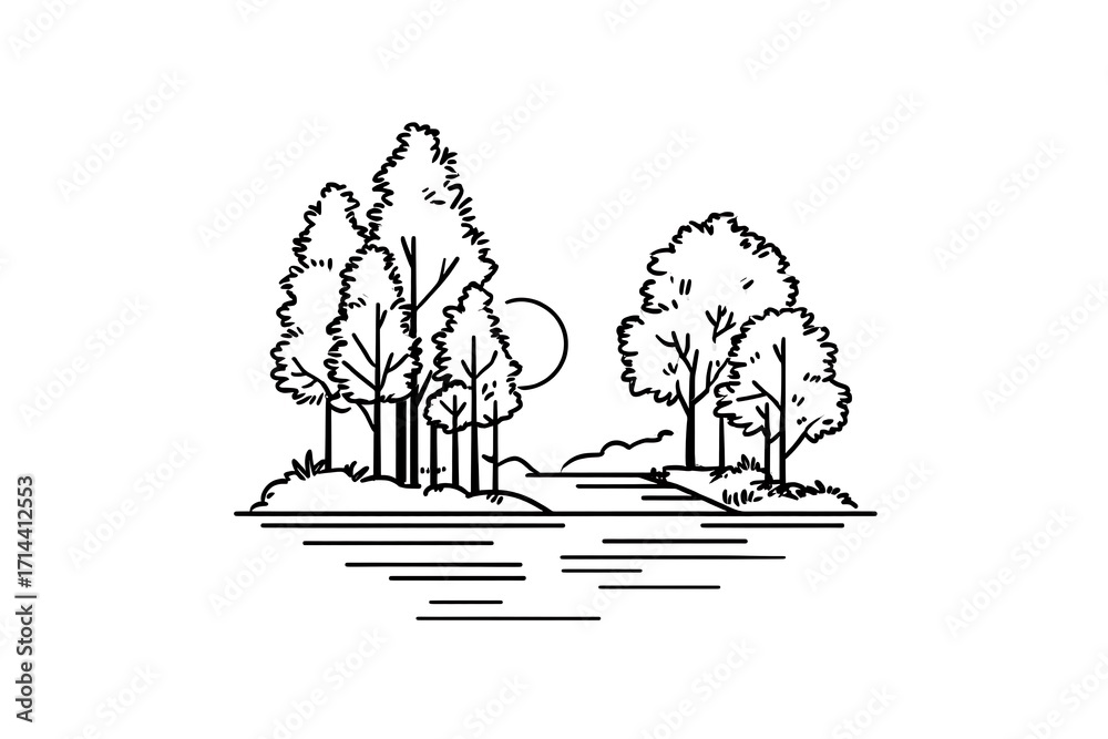 Naklejka premium Serene Lakeside Landscape with Majestic Trees and Tranquil Waters Under a Gentle Moon