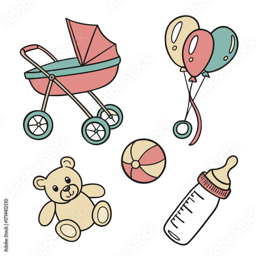 Baby shower invitation card with stroller, balloons, ball, teddy bear and baby bottle celebration of a new babys arrival with cute elements