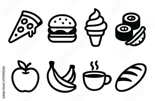 Food and drink silhouette icon set. featuring pizza, burger, ice cream, sushi, apple, banana, coffee, bread