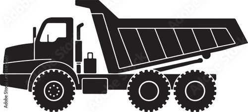  black silhouette of dump truck on white background, vector