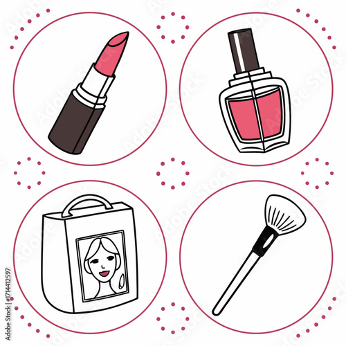Makeup and beauty product icons in circles, featuring lipstick, nail polish, shopping bag, and brush, ideal for cosmetic brands and fashion blogs