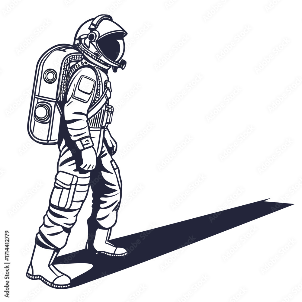 Obraz premium A lone astronaut in a detailed suit with a backpack walks forward casting a long shadow on a white background representing exploration and the unknown future