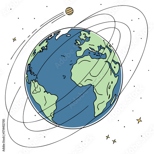 Stylized illustration of planet earth with continents and oceans surrounded by orbital paths and distant stars in outer space