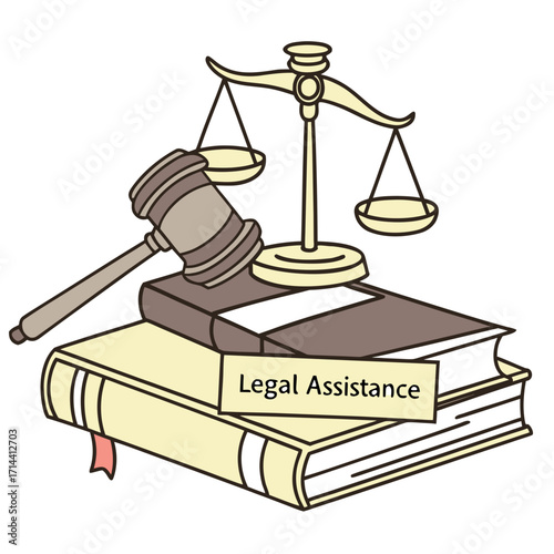 Illustration of a gavel and scales of justice resting on legal books with a label that says legal assistance