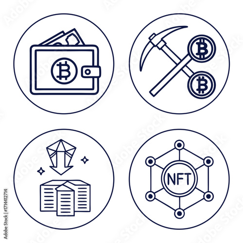 Illustration of bitcoin wallet, pickaxe, diamond, and nft network concept of cryptocurrency, mining, digital assets, and blockchain technology