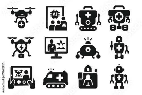 Icon vector defibrillator analyzer robotic emer autonomous drone evacuation ai bot
