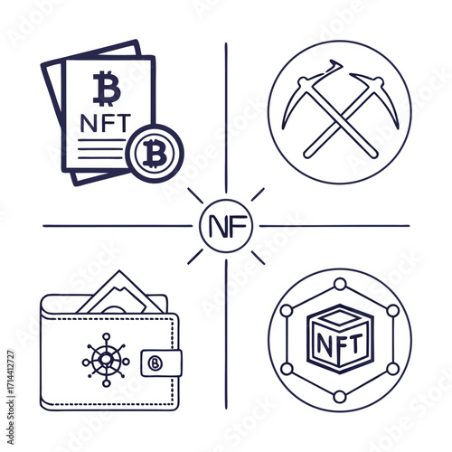 Illustration of bitcoin book, pickaxe, nft wallet, and nft cube concept of cryptocurrency, mining, digital assets, and blockchain technology