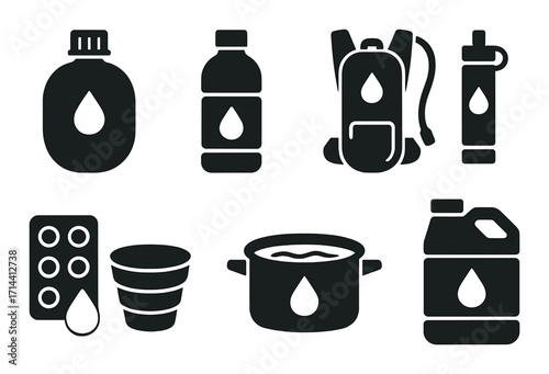 Water supply silhouette icon set. featuring canteen, bottle, backpack, purifier, tablet, pot, and container