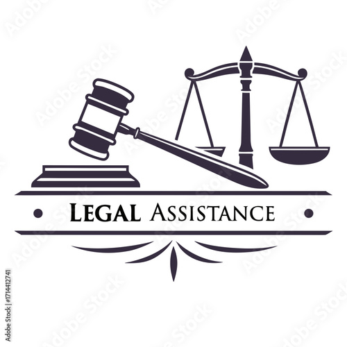 Symbolic representation of legal assistance featuring a dark purple gavel and scales of justice on a white background with legal assistance text
