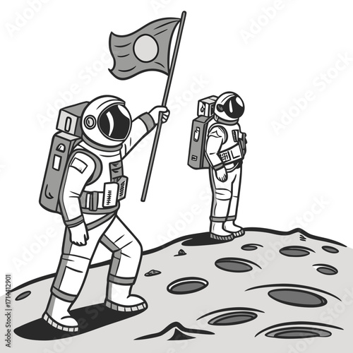 Two astronauts in spacesuits exploring a lunar landscape planting a flag with a circular emblem on a desolate moon surface