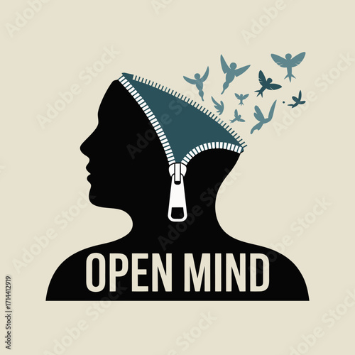 Open mind concept symbolizing freedom of thought birds flying out of zippered silhouette head metaphor for creativity and new ideas vector
