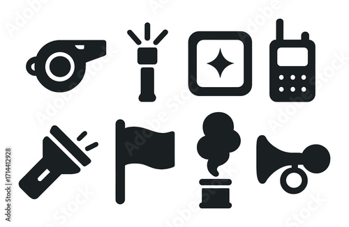 Emergency tools silhouette icon set. featuring whistle, flashlight, radio, flare, smoke, and horn symbols