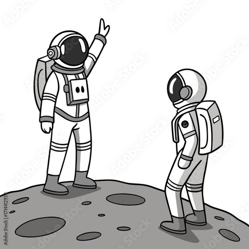 Two cartoon astronauts standing on the moon surface with one astronaut raising their hand in a greeting gesture