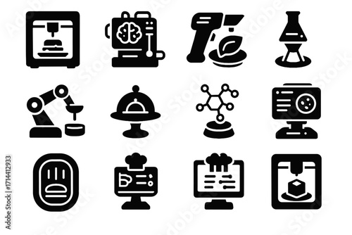 Vector enhancer printer analyzer modeler icon gastronomy futuristic fermenter molecular food icons