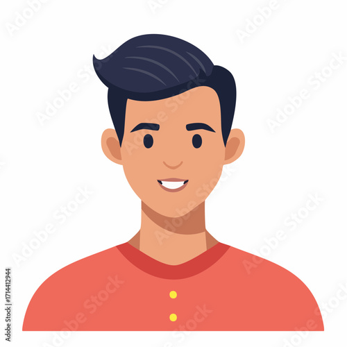 Modern flat vector illustration concept of a smiling young man's head and shoulders portrait for a user avatar or profile picture