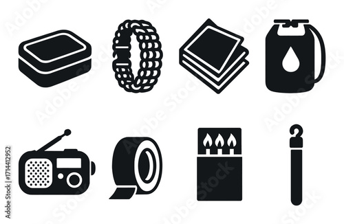 Camping gear silhouette icon set. featuring container, cord, cloth, canister, radio, tape, matches, whistle