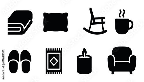Cozy home silhouette icons set. featuring blanket, pillow, rocking chair, mug, slippers, rug, candle, armchair