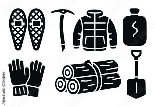 Winter hiking silhouette icon set. featuring snowshoes, ice axe, jacket, canteen, gloves, logs, and shovel symbols
