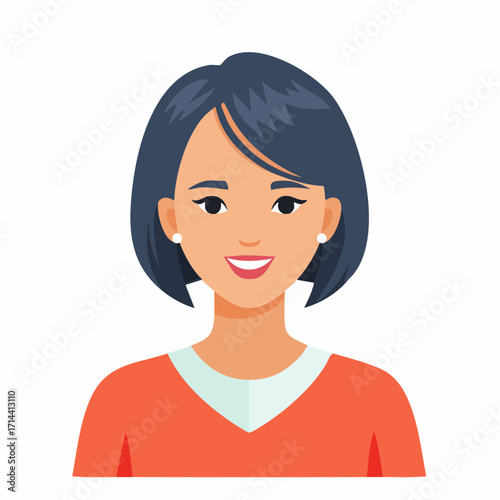 Happy young woman with a friendly smile and dark bob haircut. Modern flat design character portrait for user profile or avatar