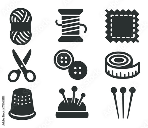 Sewing tools silhouette icons set. featuring yarn, thread, fabric, scissors, buttons, tape, thimble, pincushion, pins