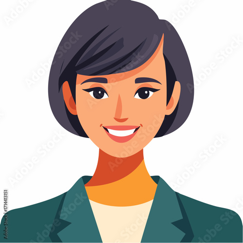 Vector illustration of a smiling young professional Asian woman with short hair. Friendly businesswoman character portrait or user avatar icon