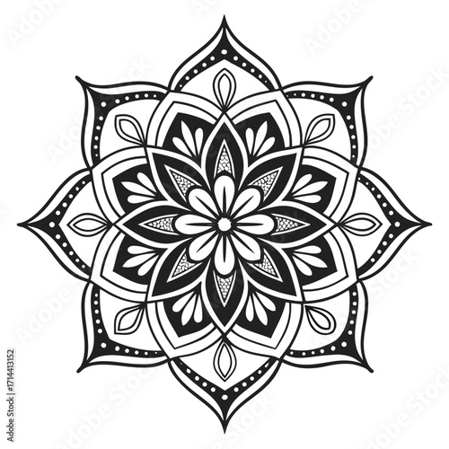 Detailed black and white mandala illustration featuring intricate floral patterns and symmetrical designs, , perfect for coloring books and spiritual art projects