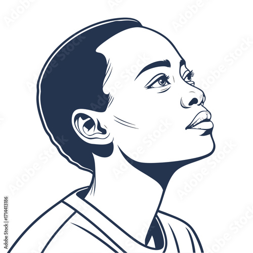 Contemplative portrait of a young woman looking up with hope and determination, a minimalist vector illustration, conveying aspiration and vision