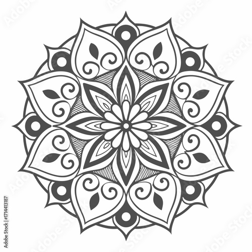 Elegant black and white mandala illustration with swirling floral motifs and symmetrical composition, , ideal for creative projects and meditative practices
