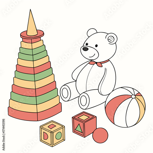 A charming collection of classic baby toys including a stacking ring tower a cuddly teddy bear colorful building blocks and a striped ball perfect for early childhood development themes