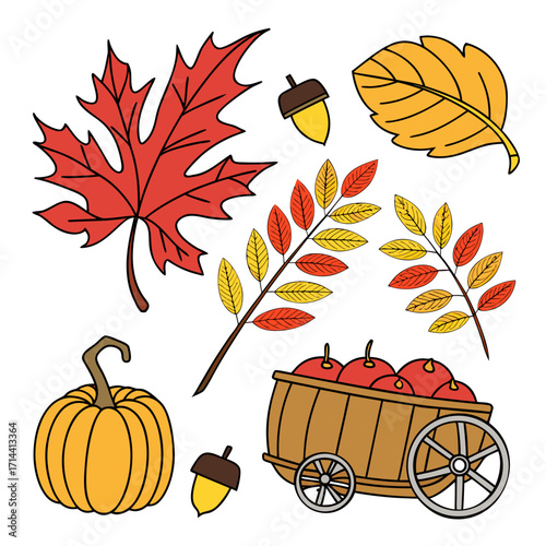 A charming collection of autumn elements including a bright red maple leaf golden oak leaf colorful fall foliage branches two acorns a pumpkin and a wooden cart overflowing with ripe red apples