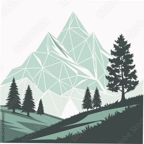Geometric mountain landscape illustration with evergreen trees, creating a serene and modern nature scene