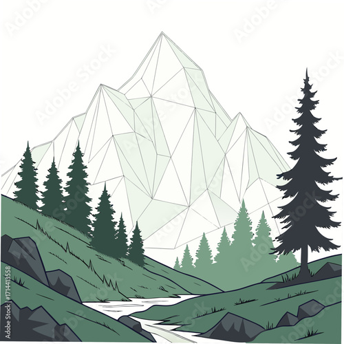 Geometric mountain landscape illustration with evergreen trees, river, and rocks, creating a serene and modern nature scene