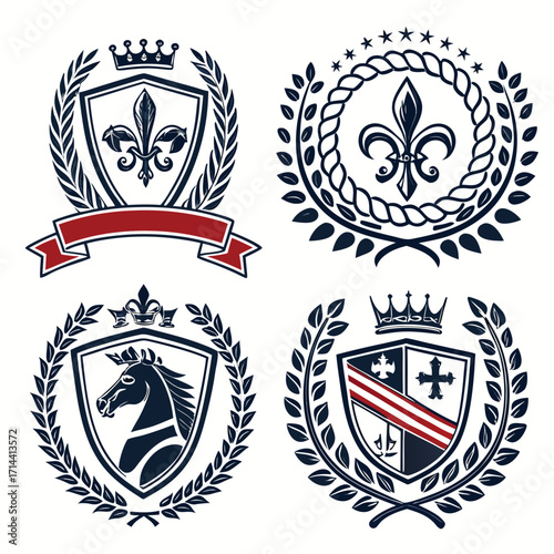 Collection of four vintage heraldic crests and emblems featuring shields crowns laurel wreaths fleur de lis horse and ribbons for design elements