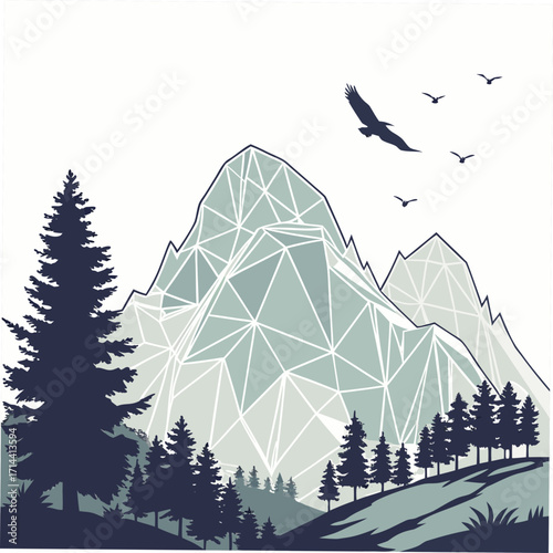 Geometric mountain landscape illustration with evergreen trees and eagle, creating a serene and modern nature scene