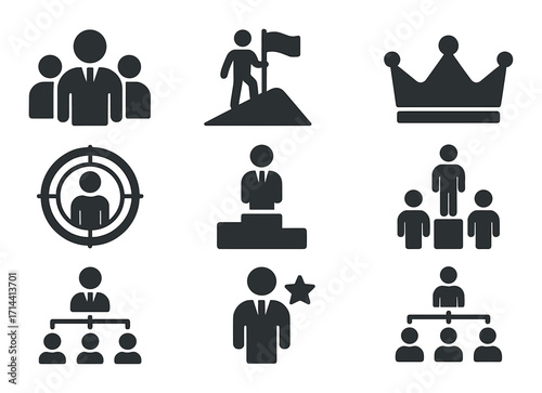 Business leadership silhouette icon set. featuring team, leader, goal, hierarchy, crown, and achievement symbols