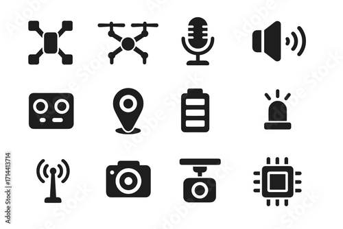 Speaker drone indicator audio microphone communication antenna icon chip pack vector stabilization