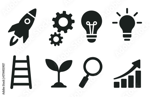 Business and innovation silhouette icon set. featuring rocket, gear, lightbulb, ladder, plant, magnifying glass, graph