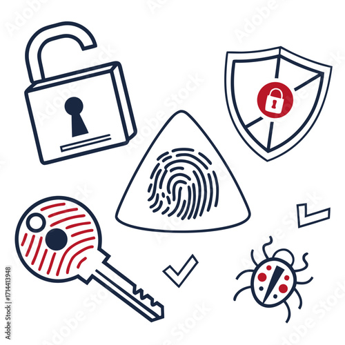 Cybersecurity elements, including an open padlock, shield, fingerprint, key, and bug, representing vulnerability assessment and digital safety measures